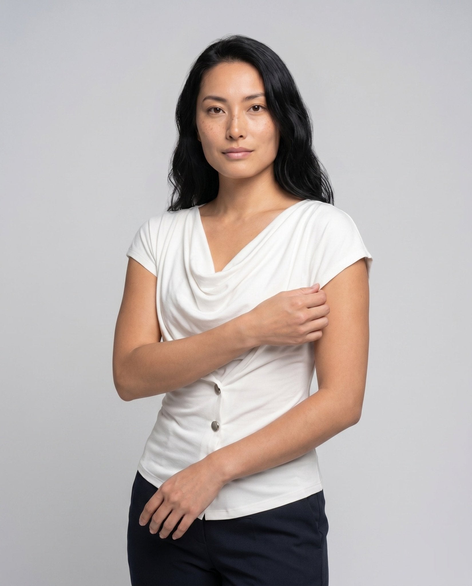 Women's casual wrap shirt with decorative button design - Chichicherry