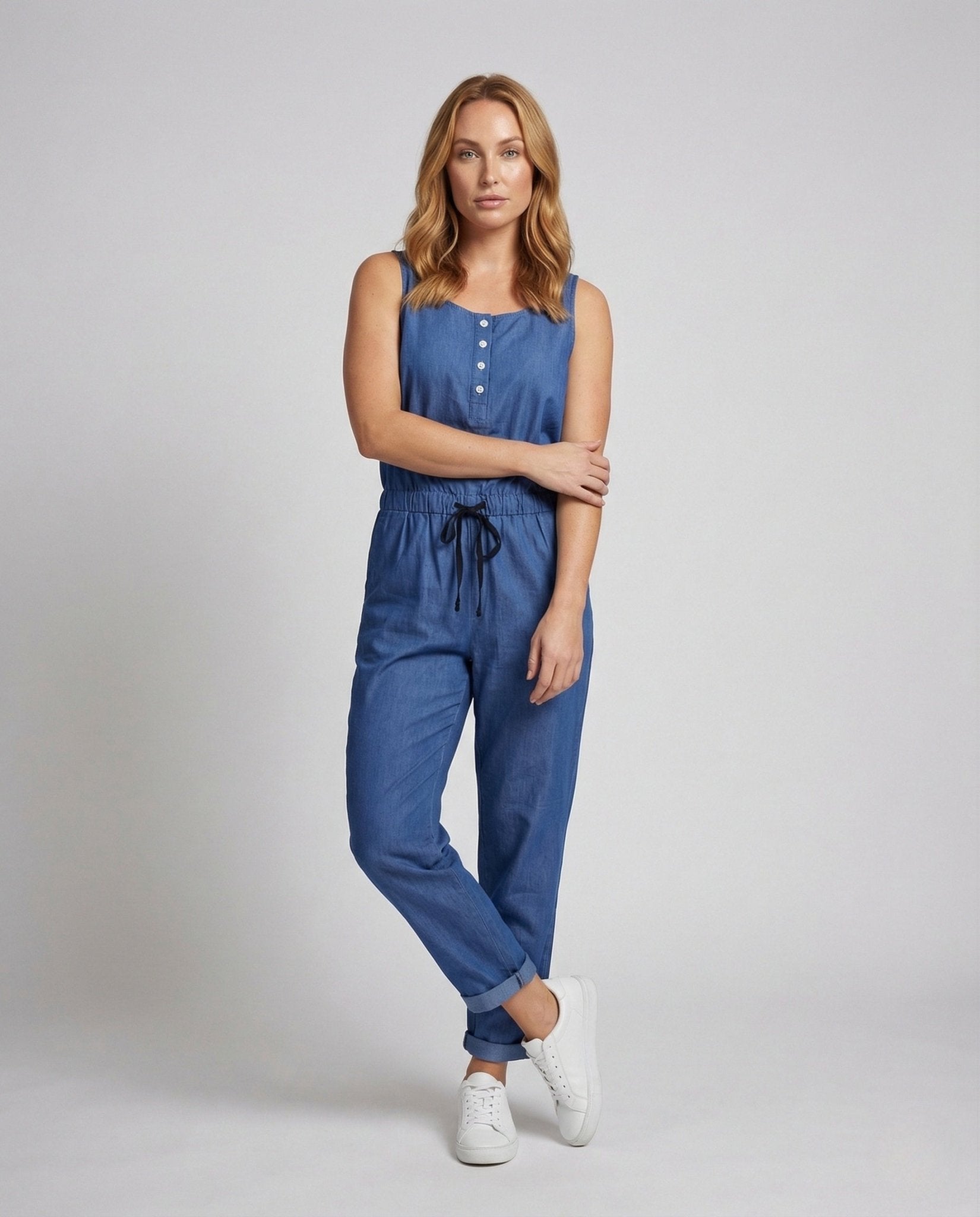 Women's Chambray Jumpsuit with Drawstring - Chichicherry