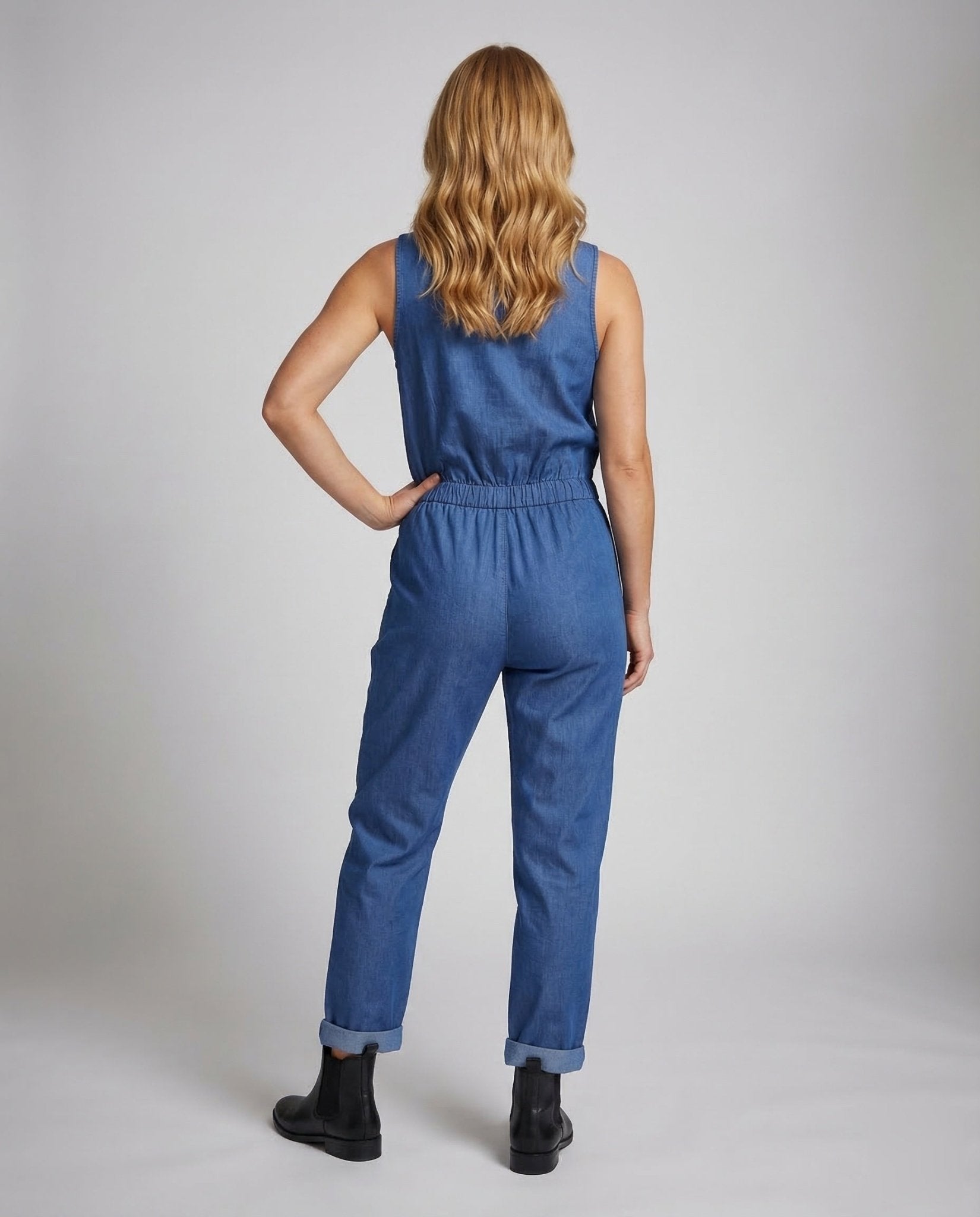 Women's Chambray Jumpsuit with Drawstring - Chichicherry