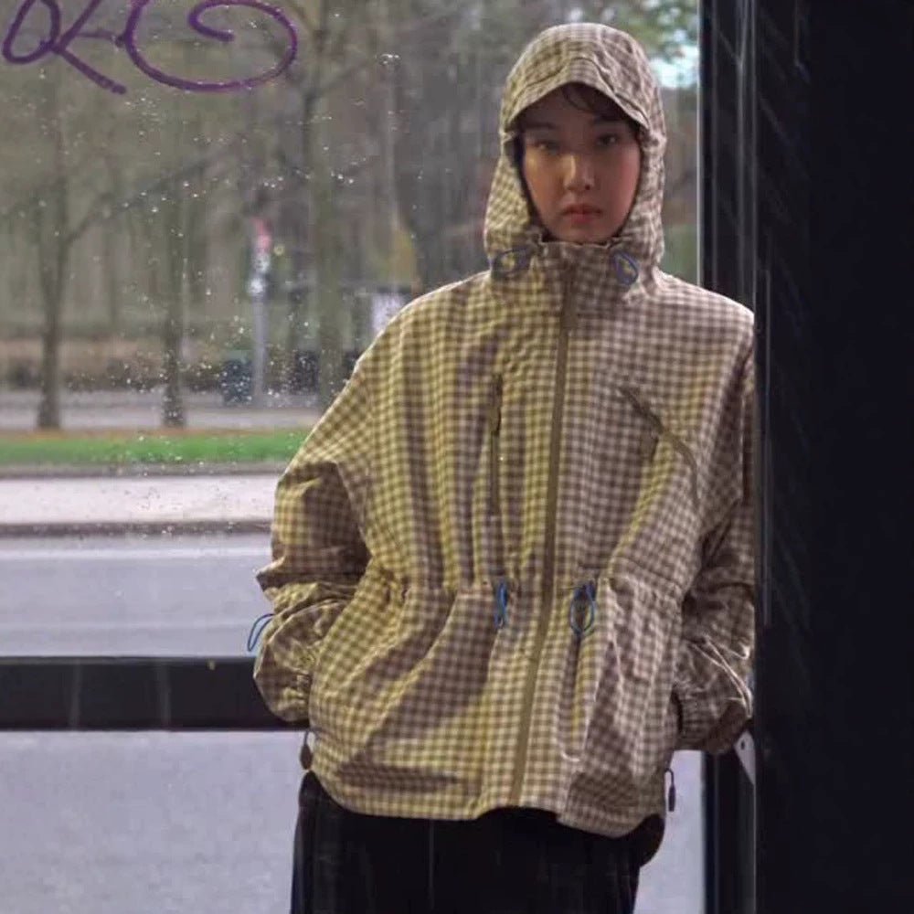 Women's Check Windbreaker with Waist Drawstring, Hood and Zipper Chichicherry - Chichicherry