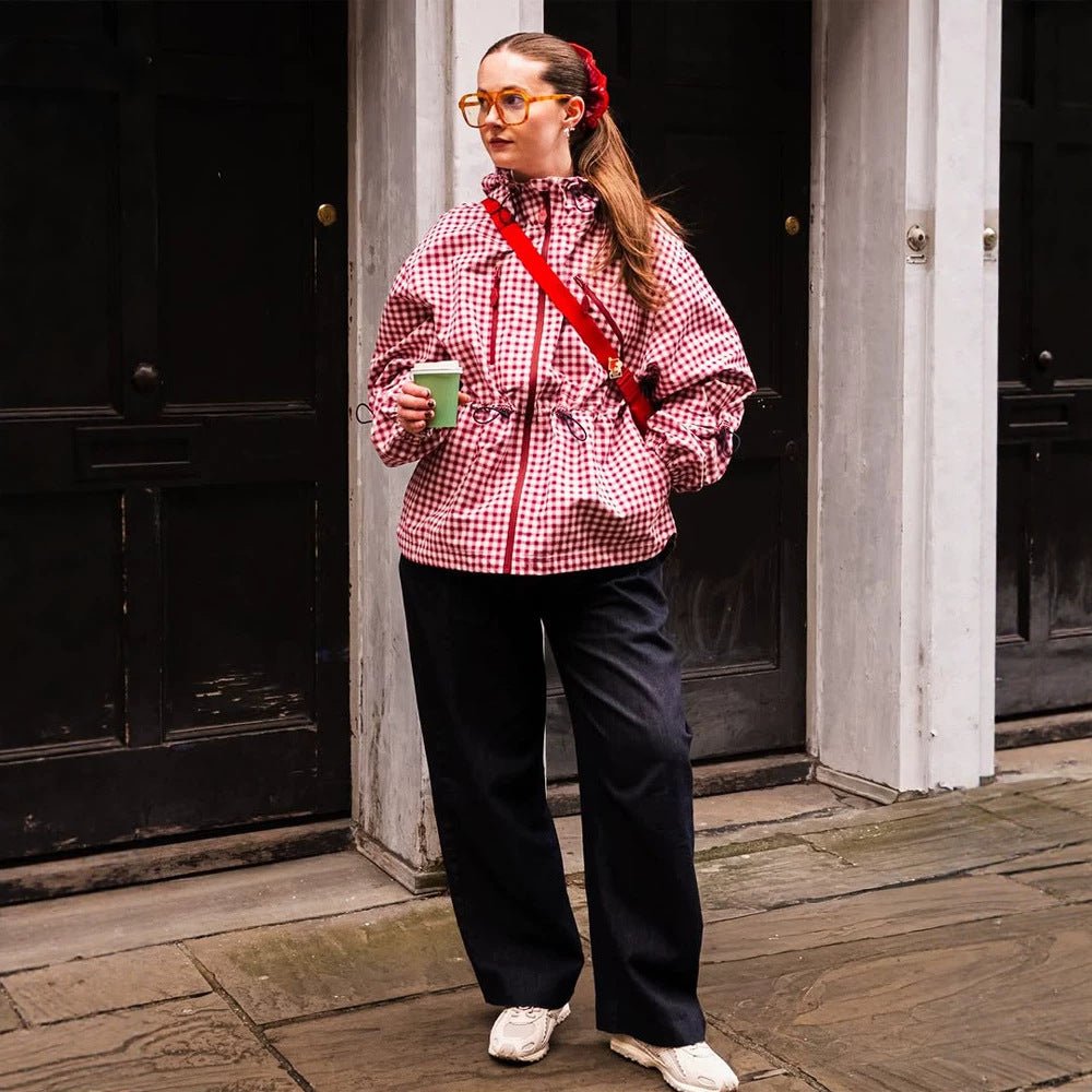 Women's Check Windbreaker with Waist Drawstring, Hood and Zipper Chichicherry - Chichicherry