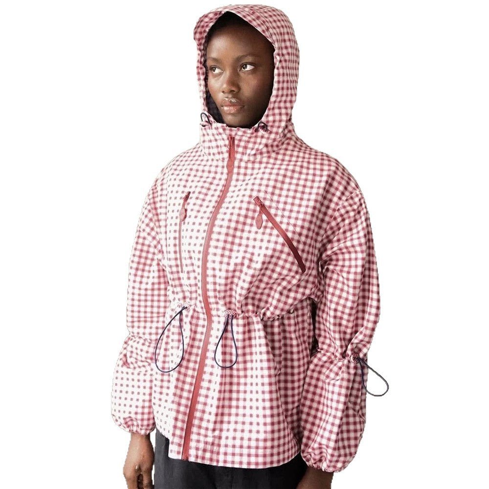 Women's Check Windbreaker with Waist Drawstring, Hood and Zipper Chichicherry - Chichicherry