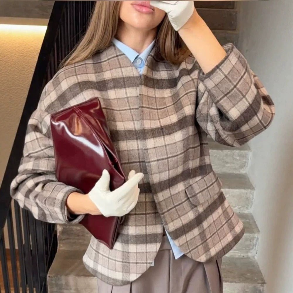 Women's Checked Boxy Blazer with Voluminous Balloon Sleeves Chichicherry - Chichicherry