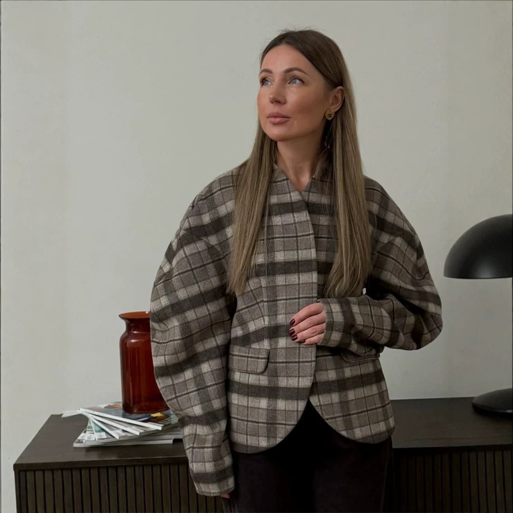 Women's Checked Boxy Blazer with Voluminous Balloon Sleeves Chichicherry - Chichicherry