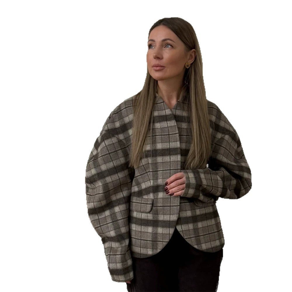 Women's Checked Boxy Blazer with Voluminous Balloon Sleeves Chichicherry - Chichicherry