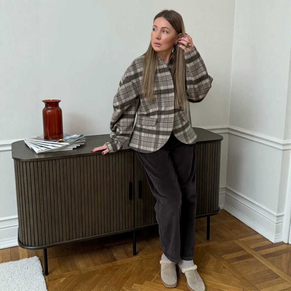 Women's Checked Boxy Blazer with Voluminous Balloon Sleeves Chichicherry - Chichicherry
