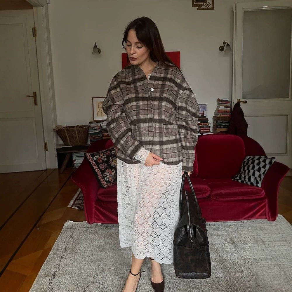 Women's Checked Boxy Blazer with Voluminous Balloon Sleeves Chichicherry - Chichicherry
