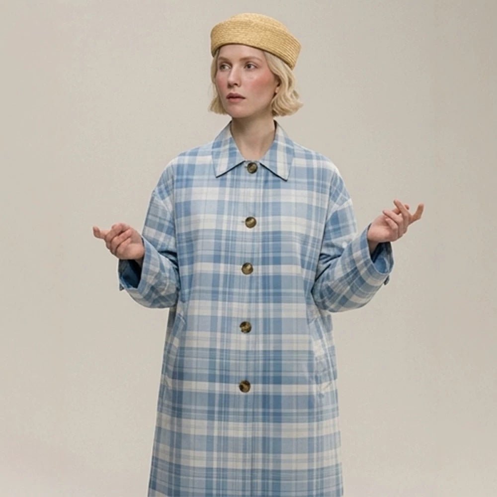 Women's Checked Lightweight Trench Coat with Mid-Length Oversized Silhouette Chichicherry - Chichicherry
