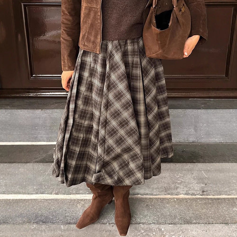 Women's Checked Midi Skirt with Wide Pleated Cut and High Waist Chichicherry - Chichicherry