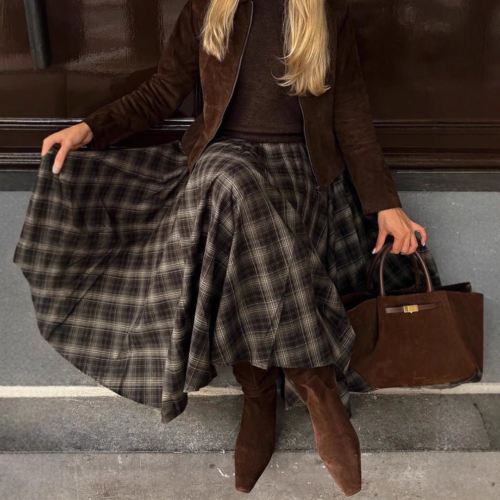 Women's Checked Midi Skirt with Wide Pleated Cut and High Waist Chichicherry - Chichicherry
