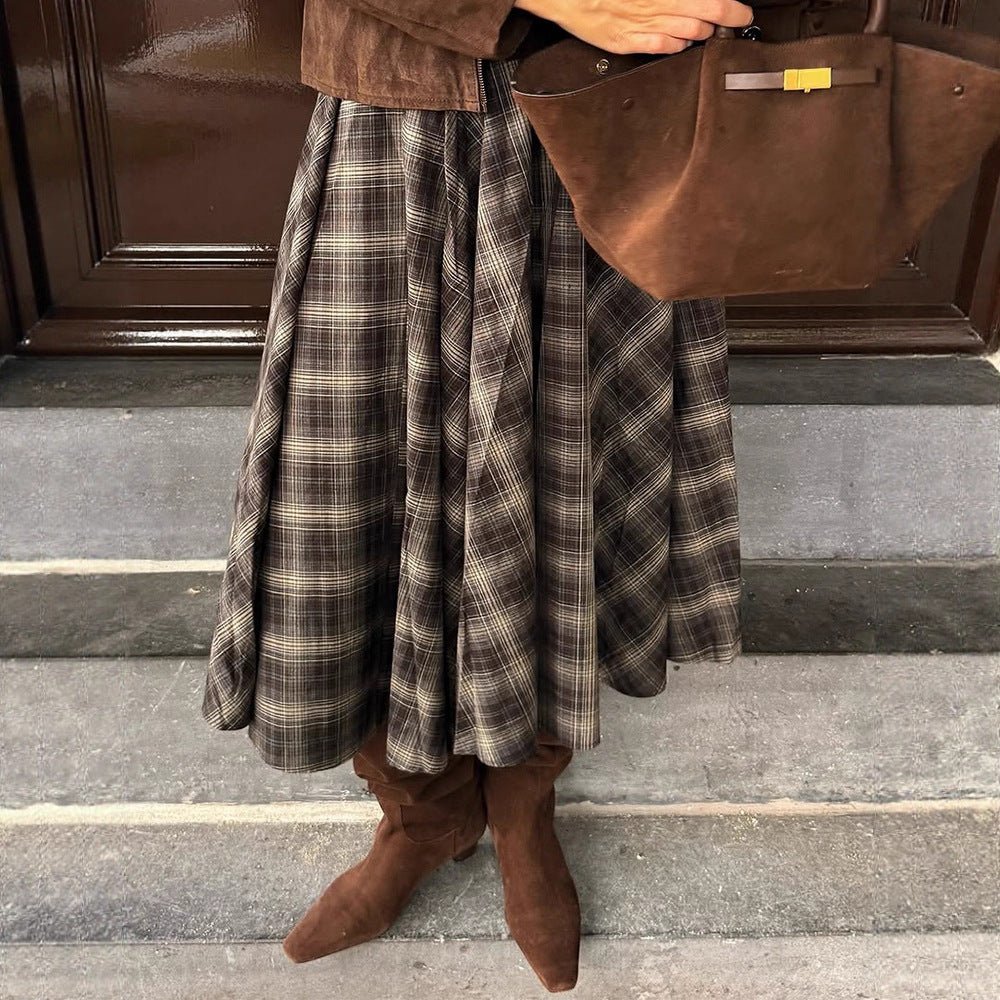 Women's Checked Midi Skirt with Wide Pleated Cut and High Waist Chichicherry - Chichicherry