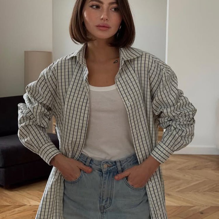 Women's Checked Oversized Shirt with Extended Hem Chichicherry - Chichicherry