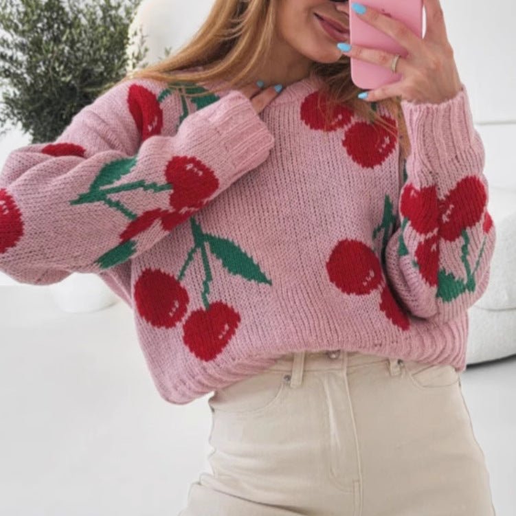 Women's Cherry Print Oversized Knit Sweater - Chichicherry