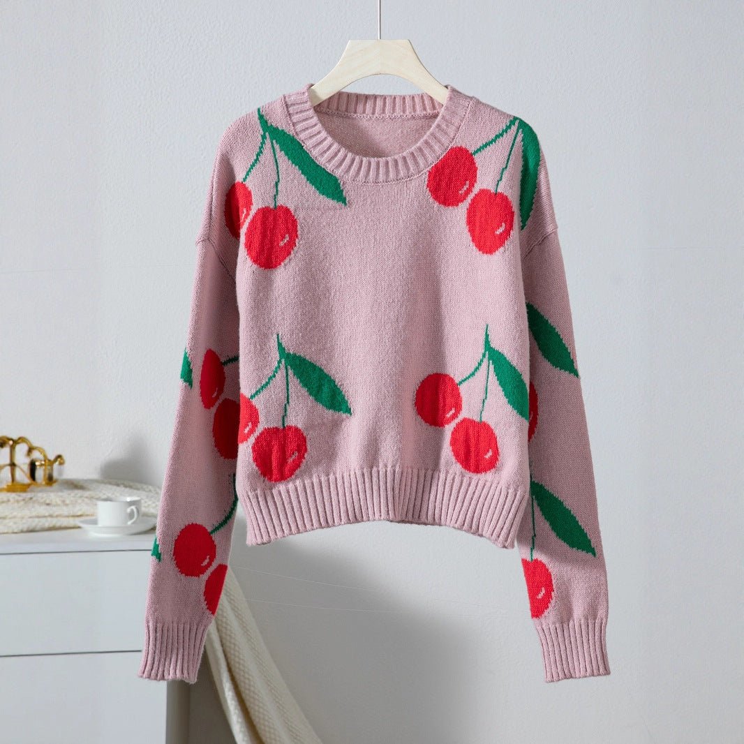 Women's Cherry Print Oversized Knit Sweater - Chichicherry