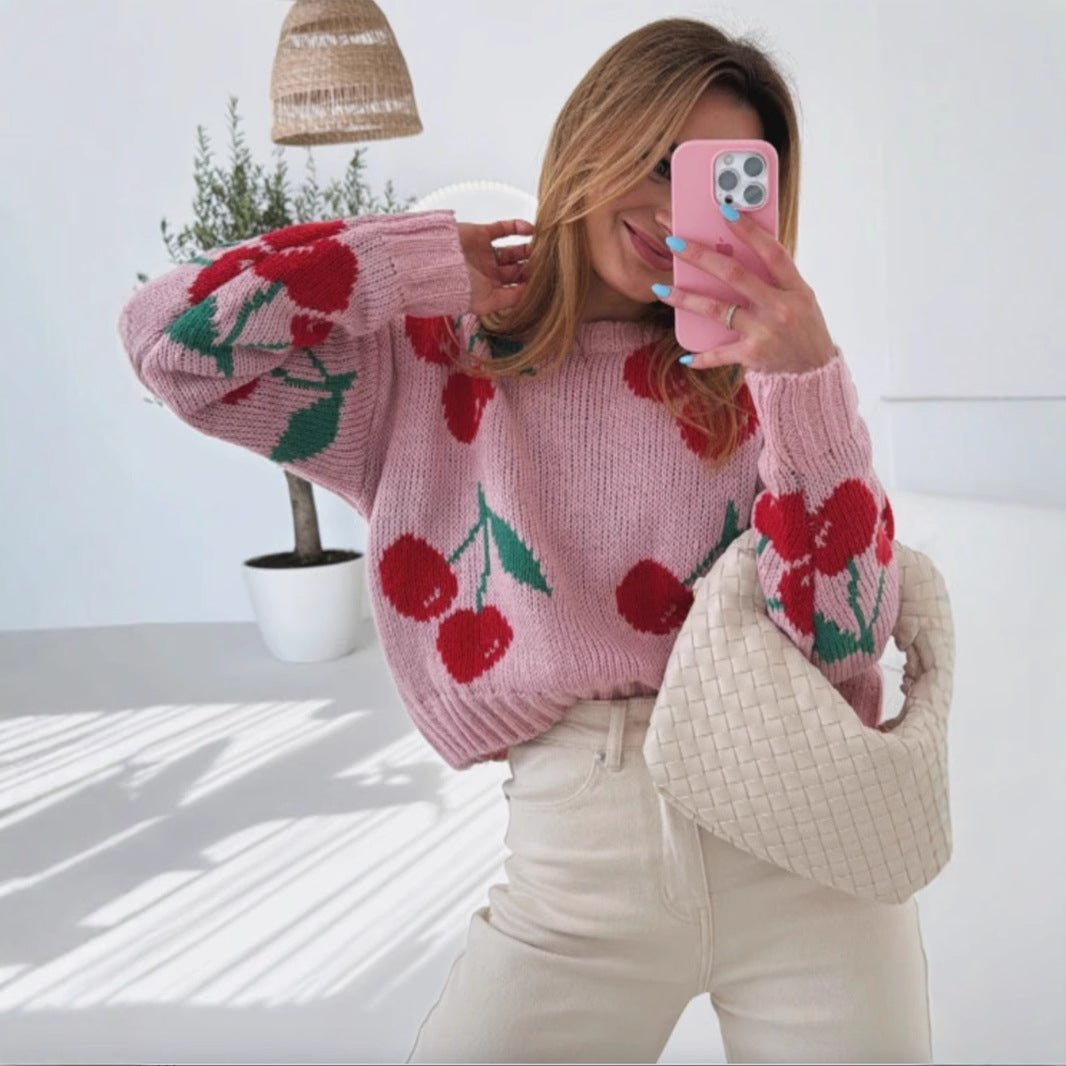 Women's Cherry Print Oversized Knit Sweater - Chichicherry