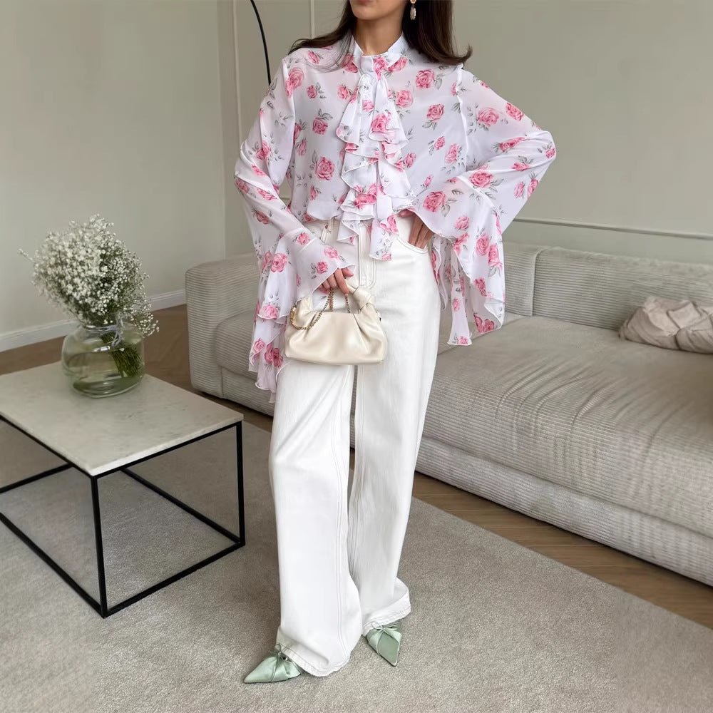 Women's chiffon blouse with rose print, ruffles and bell sleeves Chichicherry - Chichicherry