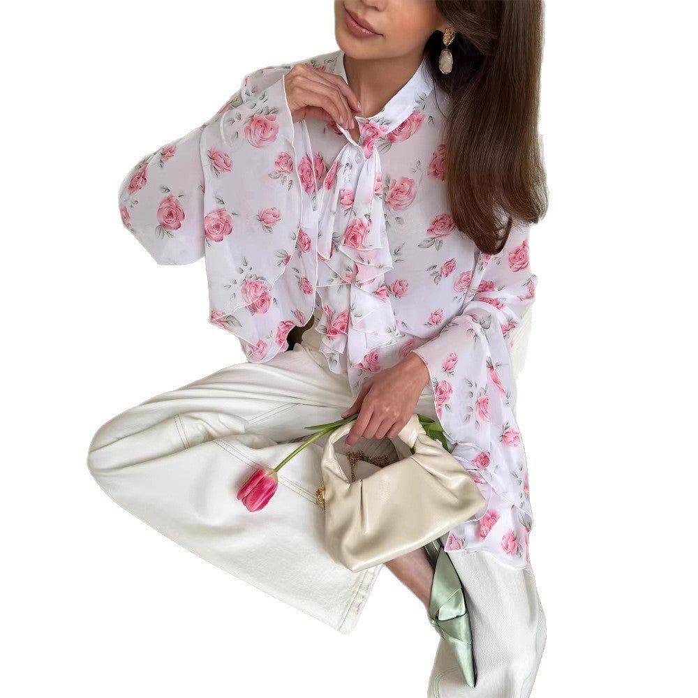 Women's chiffon blouse with rose print, ruffles and bell sleeves Chichicherry - Chichicherry