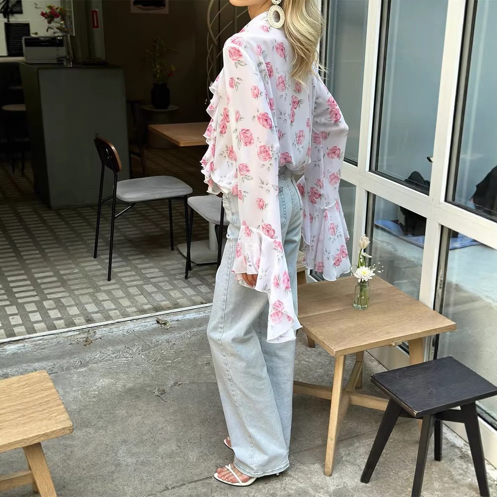 Women's chiffon blouse with rose print, ruffles and bell sleeves Chichicherry - Chichicherry