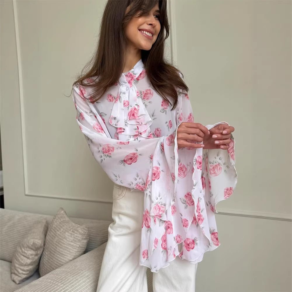 Women's chiffon blouse with rose print, ruffles and bell sleeves Chichicherry - Chichicherry