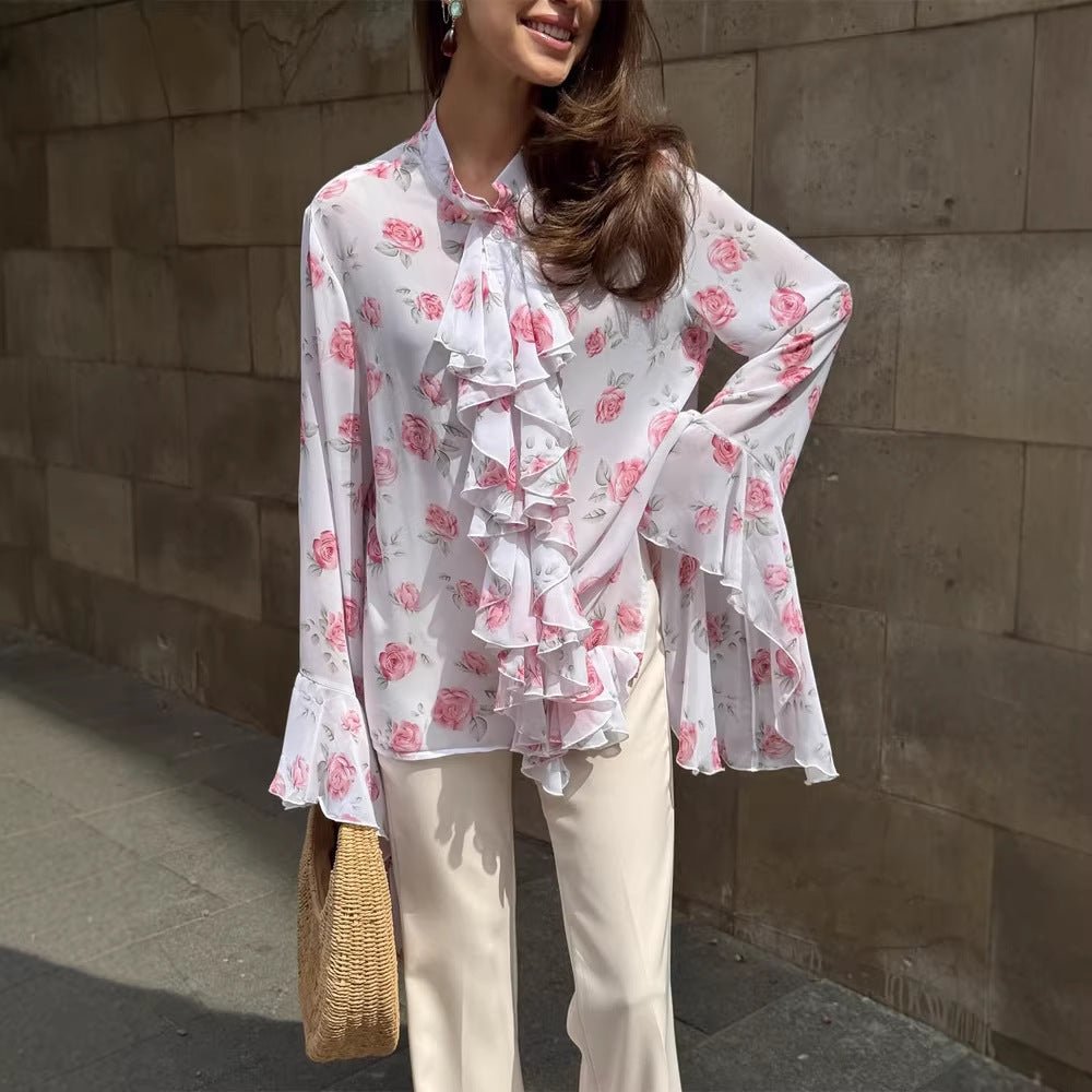 Women's chiffon blouse with rose print, ruffles and bell sleeves Chichicherry - Chichicherry