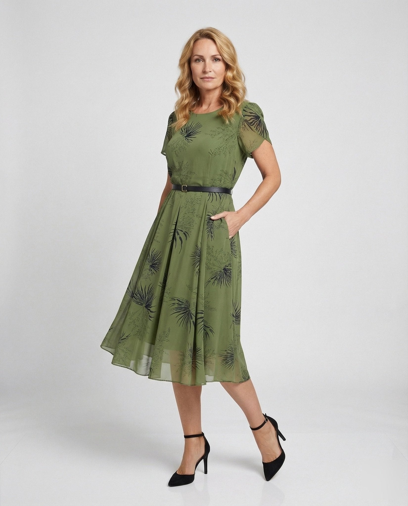 Women's chiffon midi dress with waist belt and palm pattern - Chichicherry