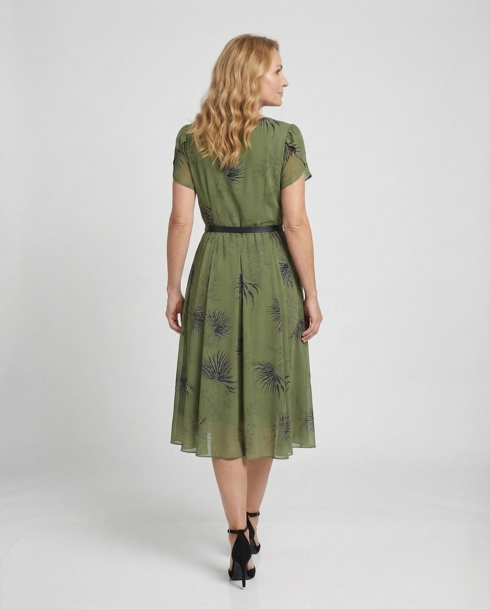 Women's chiffon midi dress with waist belt and palm pattern - Chichicherry