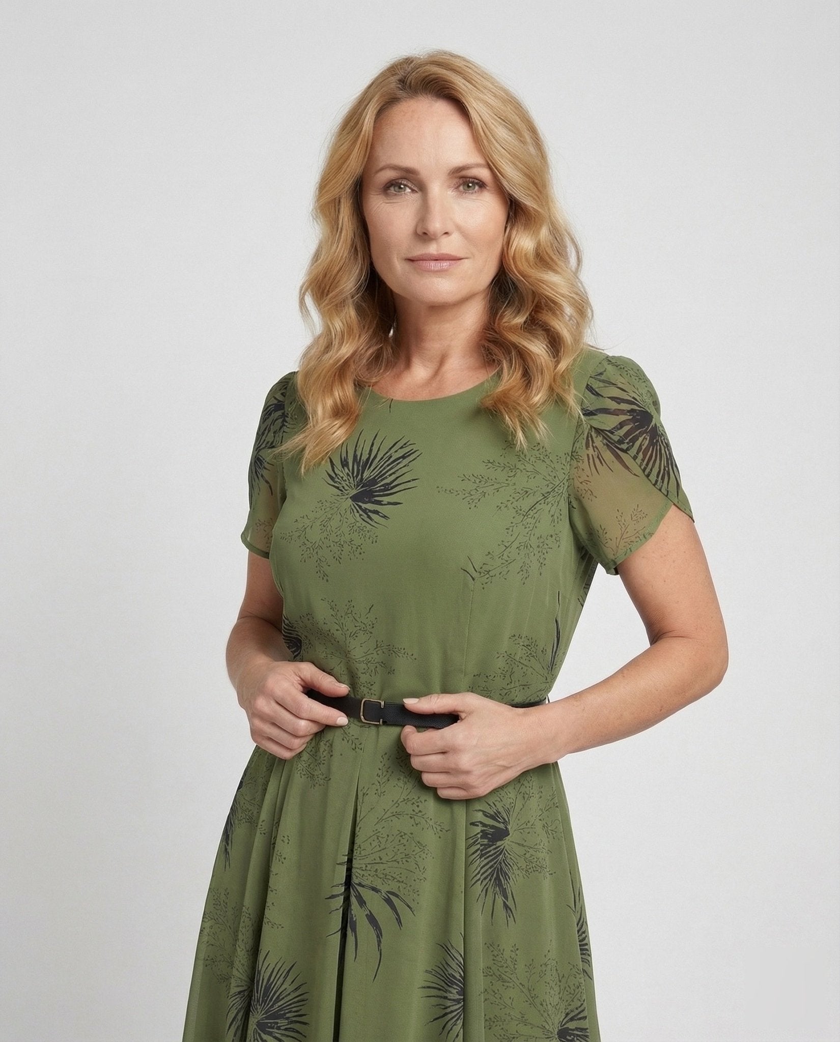 Women's chiffon midi dress with waist belt and palm pattern - Chichicherry