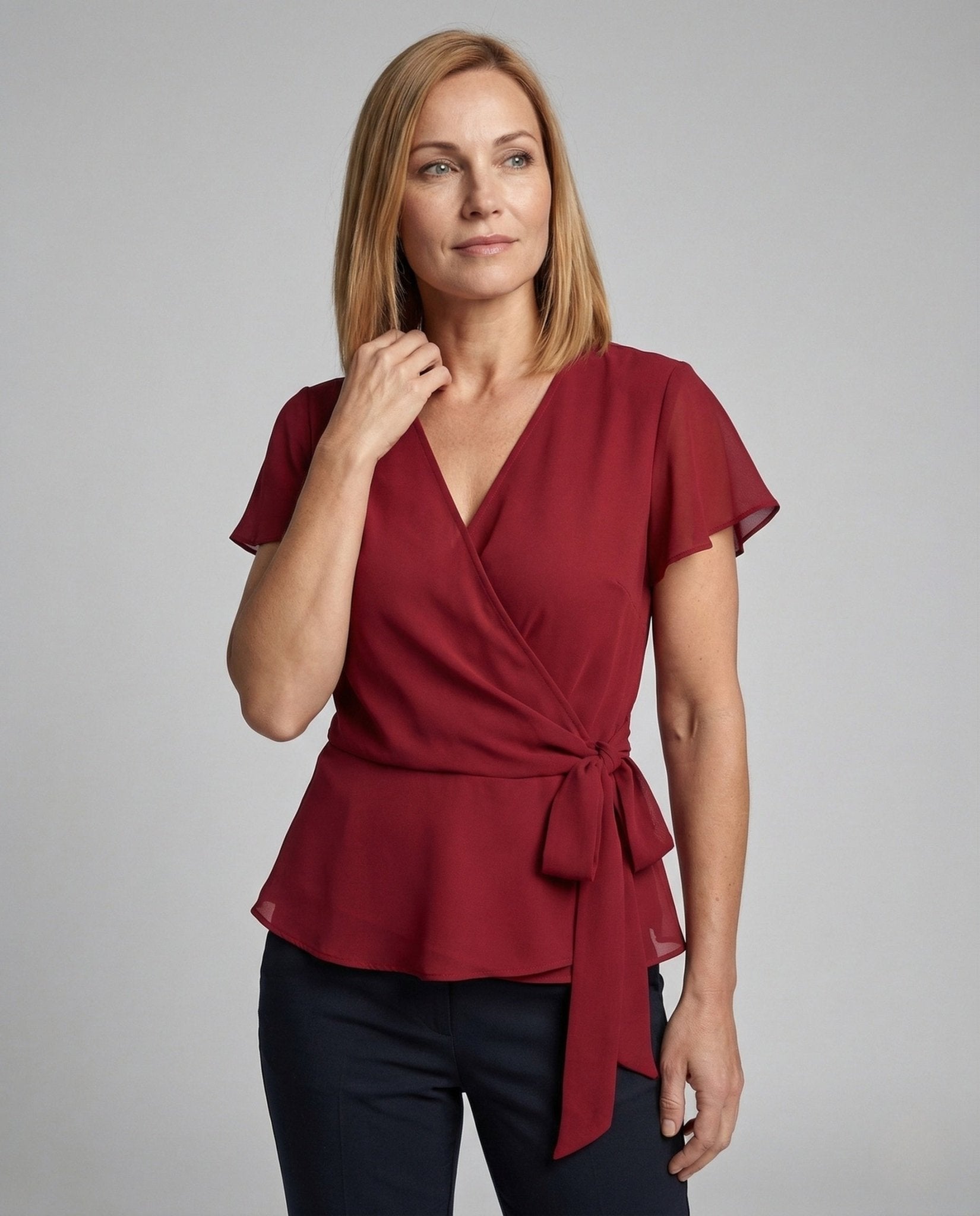 Women's Chiffon Wrap Blouse with Ruffles - Chichicherry