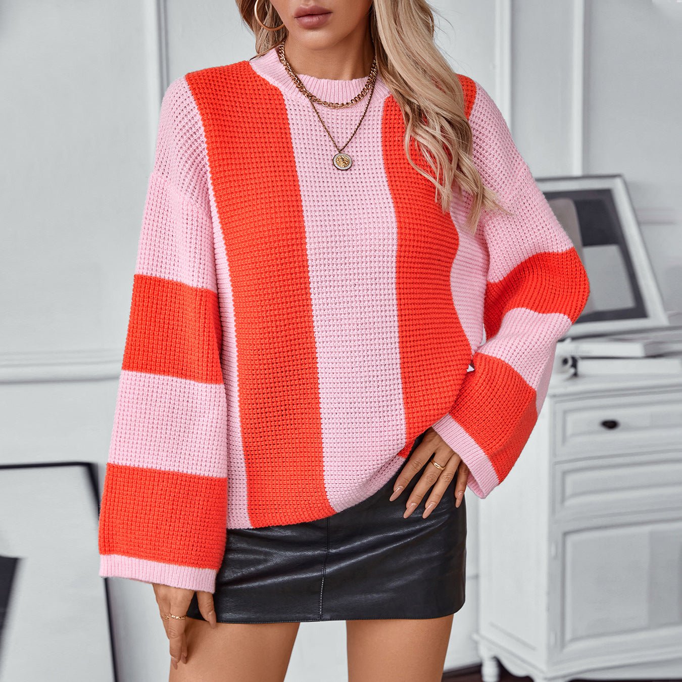 Women's Chunky Knit Color Block Sweater - Chichicherry