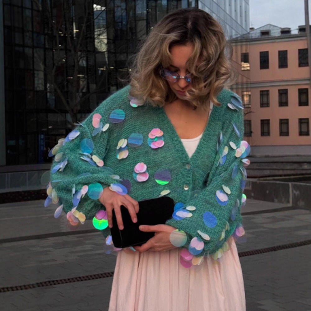 Women's Chunky Knit Mohair Cardigan with Oversized Sequins and Boxy Silhouette Chichicherry - Chichicherry