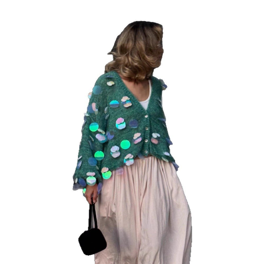 Women's Chunky Knit Mohair Cardigan with Oversized Sequins and Boxy Silhouette Chichicherry - Chichicherry