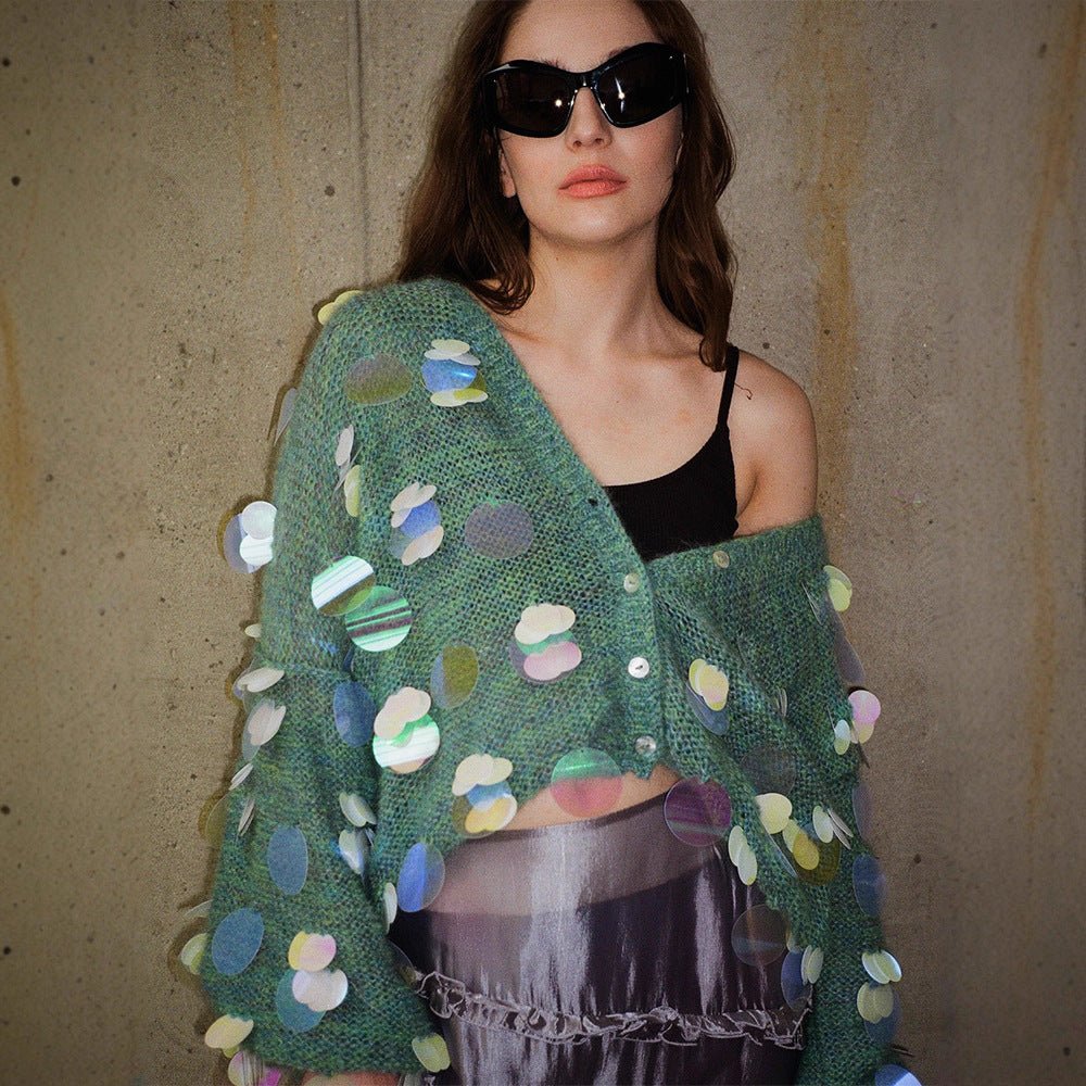 Women's Chunky Knit Mohair Cardigan with Oversized Sequins and Boxy Silhouette Chichicherry - Chichicherry