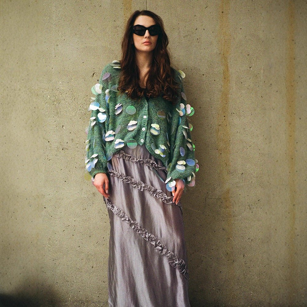 Women's Chunky Knit Mohair Cardigan with Oversized Sequins and Boxy Silhouette Chichicherry - Chichicherry