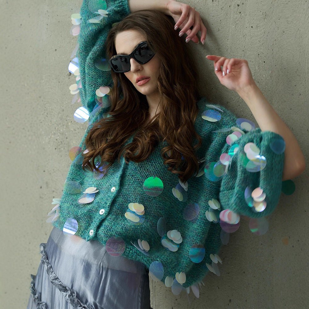 Women's Chunky Knit Mohair Cardigan with Oversized Sequins and Boxy Silhouette Chichicherry - Chichicherry