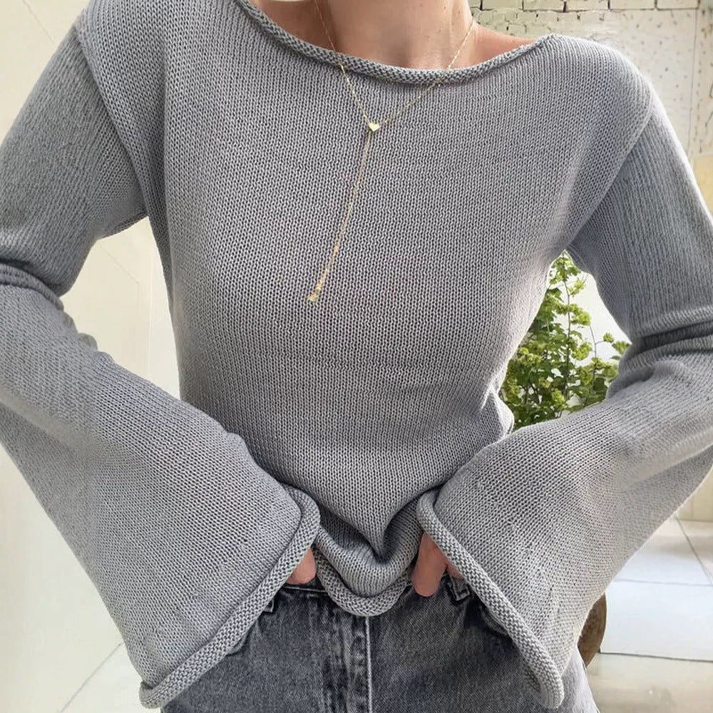 Women's chunky knit pullover with wide boat neck & extra wide trumpet sleeves Chichicherry - Chichicherry