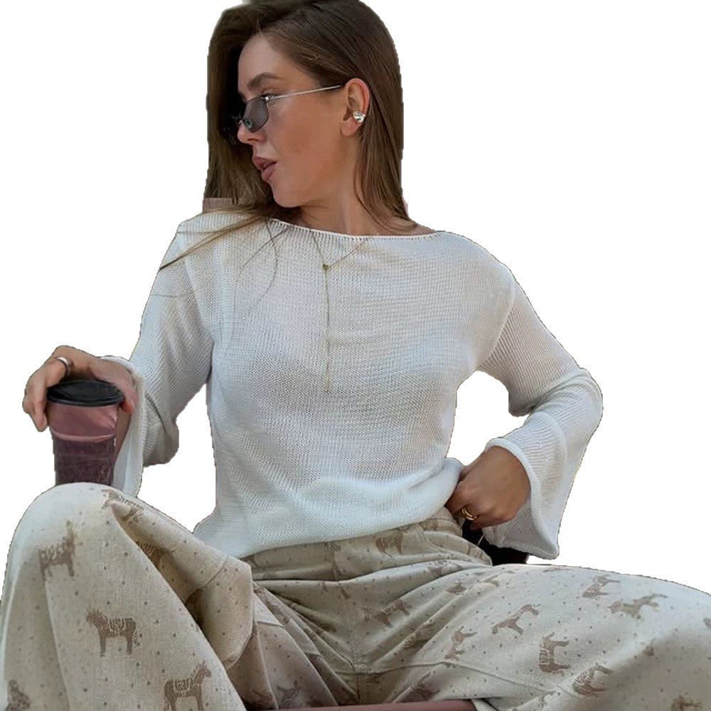 Women's chunky knit pullover with wide boat neck & extra wide trumpet sleeves Chichicherry - Chichicherry