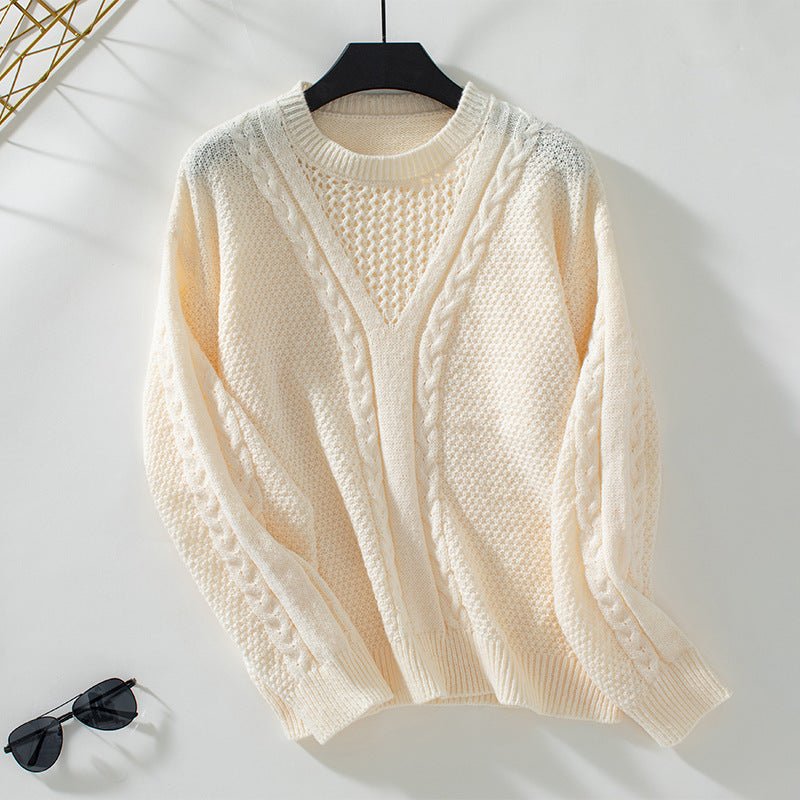 Women's Chunky Knit V - Neck Sweater with Textured Cable Design - Chichicherry
