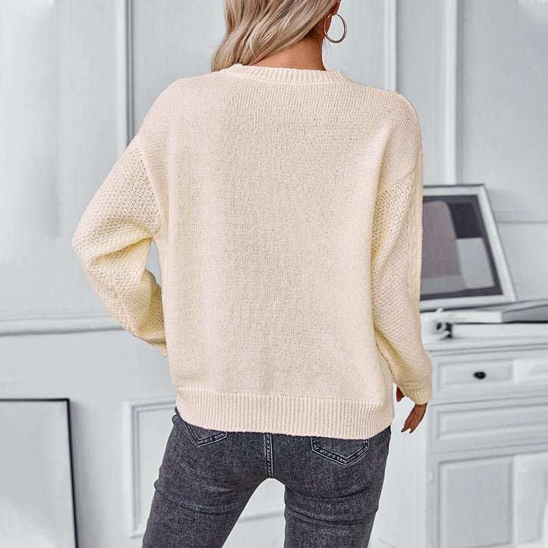 Women's Chunky Knit V - Neck Sweater with Textured Cable Design - Chichicherry