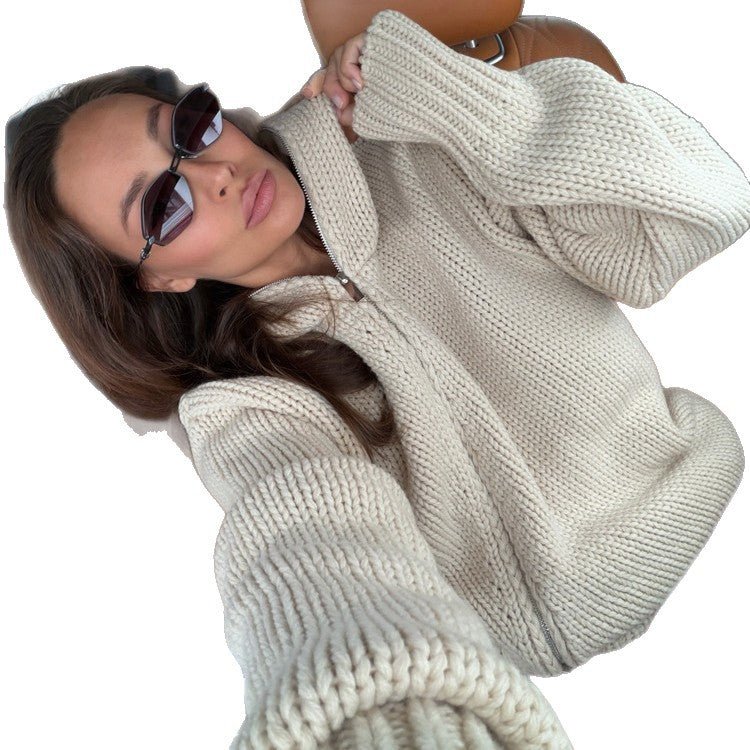 Women's chunky knit zip cardigan with high collar Chichicherry - Chichicherry