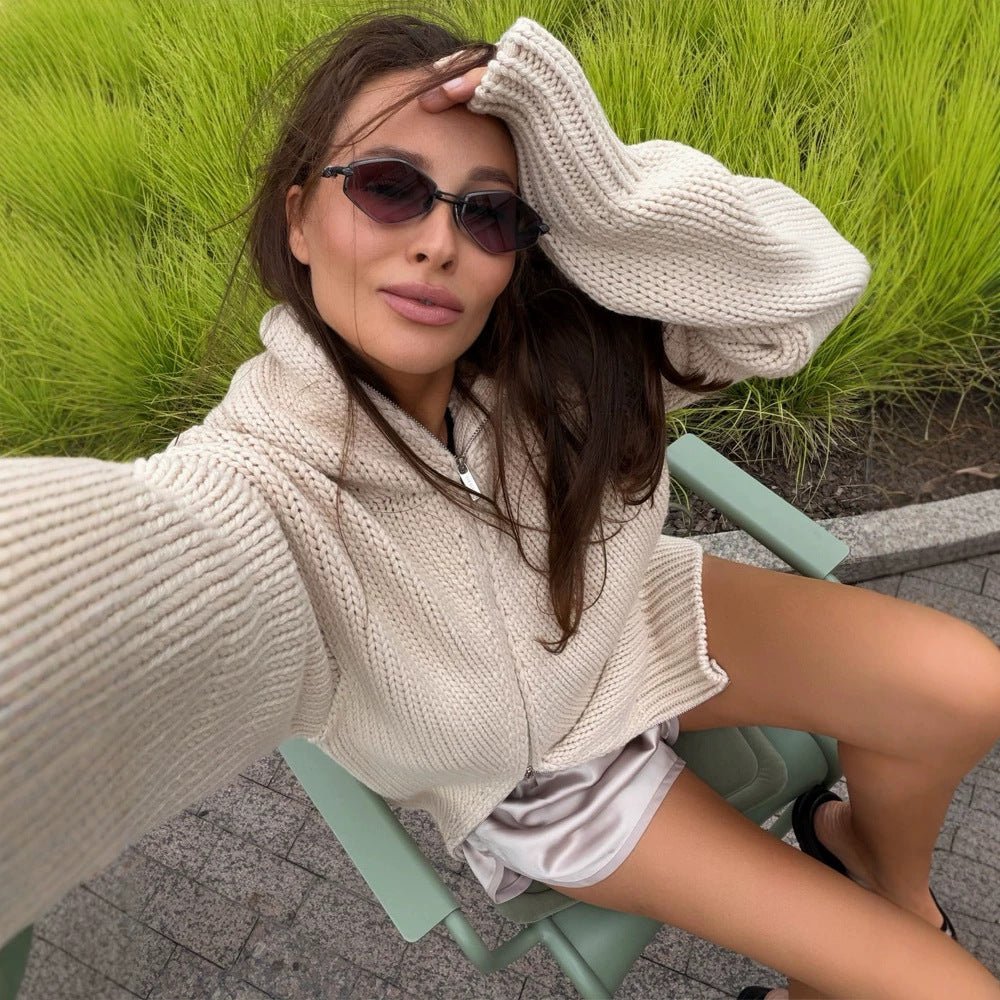 Women's chunky knit zip cardigan with high collar Chichicherry - Chichicherry