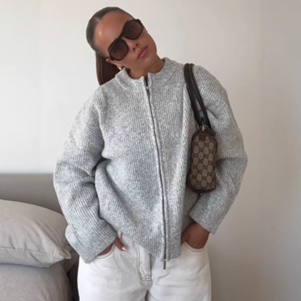 Women's Chunky Knit Zipper Cardigan with Oversized Cut Chichicherry - Chichicherry