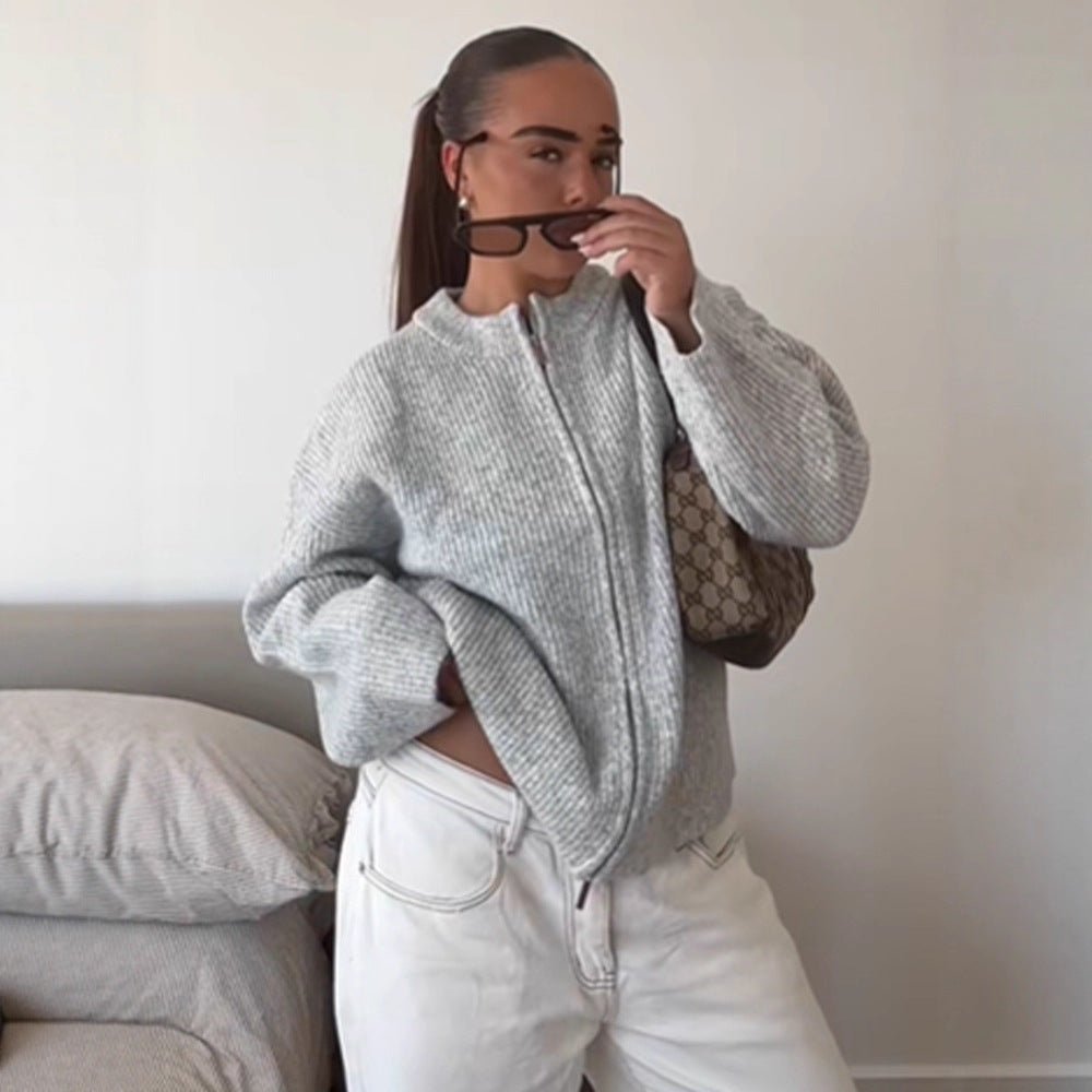 Women's Chunky Knit Zipper Cardigan with Oversized Cut Chichicherry - Chichicherry