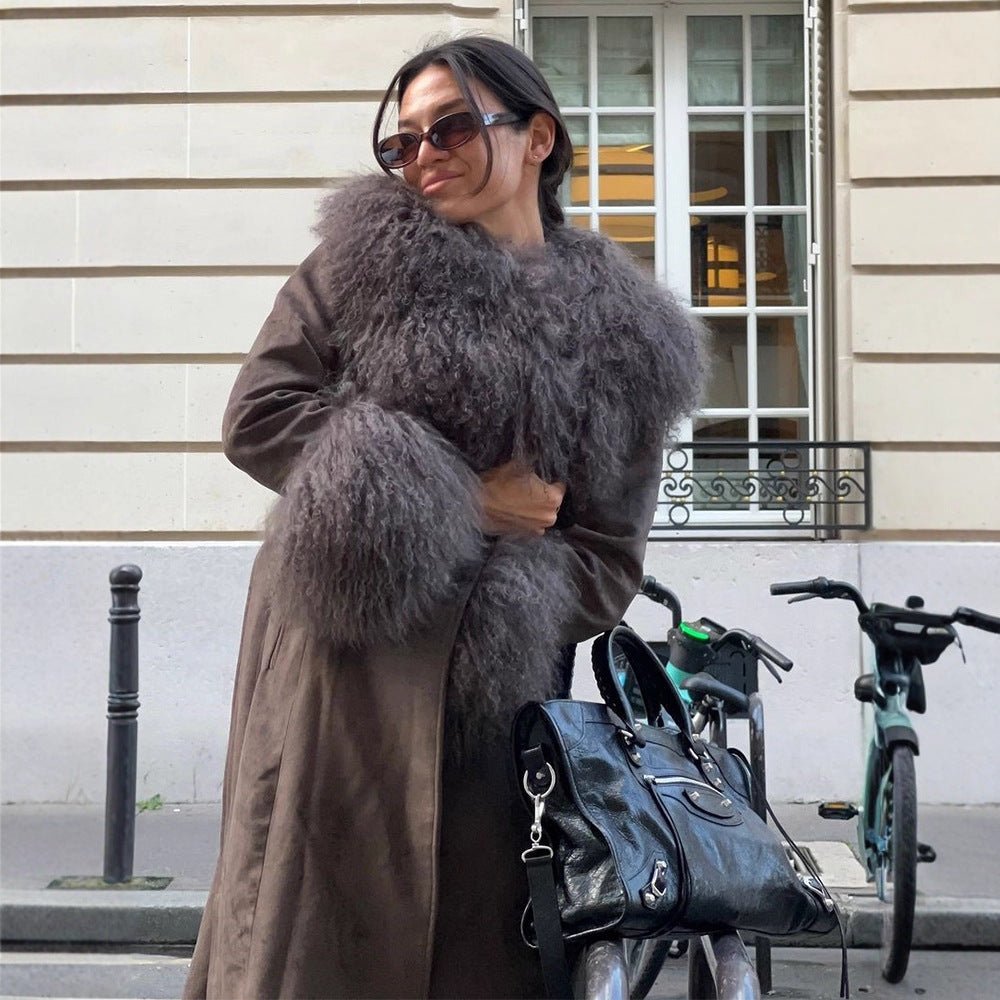 Women's coat made of suede leather look with voluminous faux fur shawl collar, fur cuffs & waist belt Chichicherry - Chichicherry