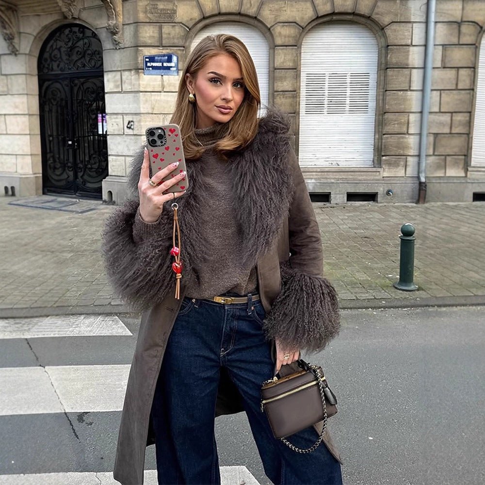 Women's coat made of suede leather look with voluminous faux fur shawl collar, fur cuffs & waist belt Chichicherry - Chichicherry