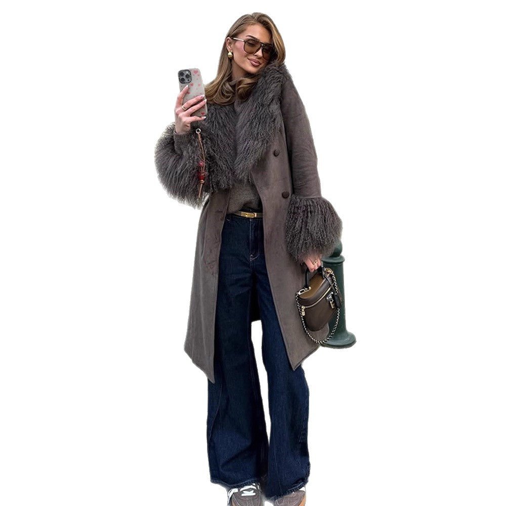 Women's coat made of suede leather look with voluminous faux fur shawl collar, fur cuffs & waist belt Chichicherry - Chichicherry