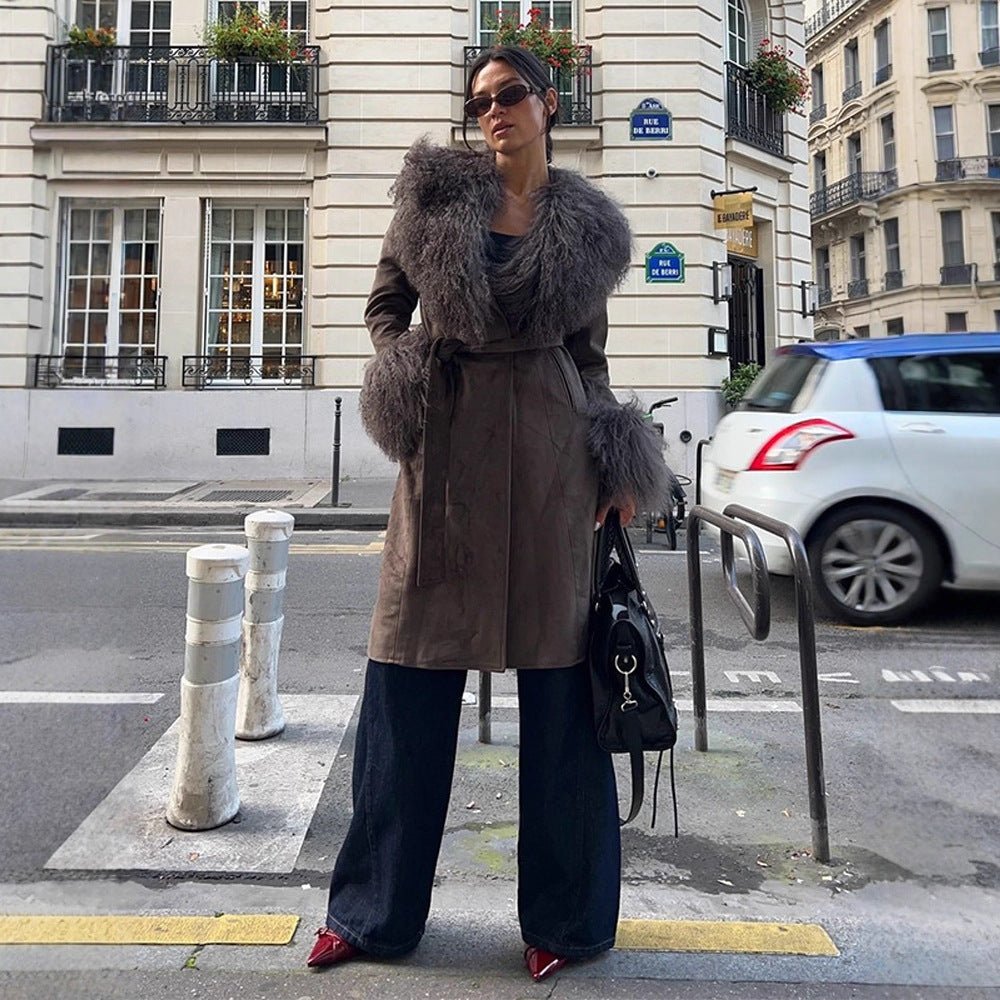 Women's coat made of suede leather look with voluminous faux fur shawl collar, fur cuffs & waist belt Chichicherry - Chichicherry
