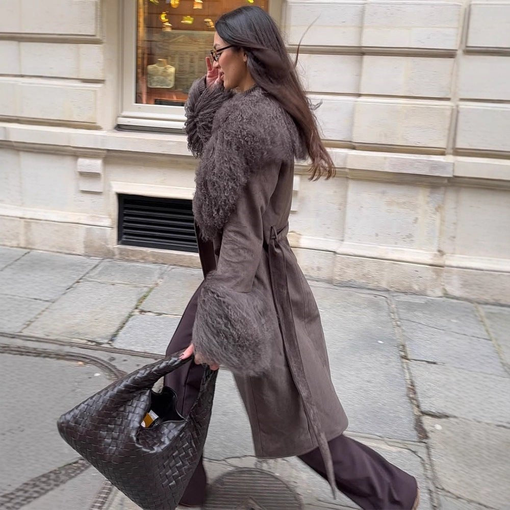 Women's coat made of suede leather look with voluminous faux fur shawl collar, fur cuffs & waist belt Chichicherry - Chichicherry