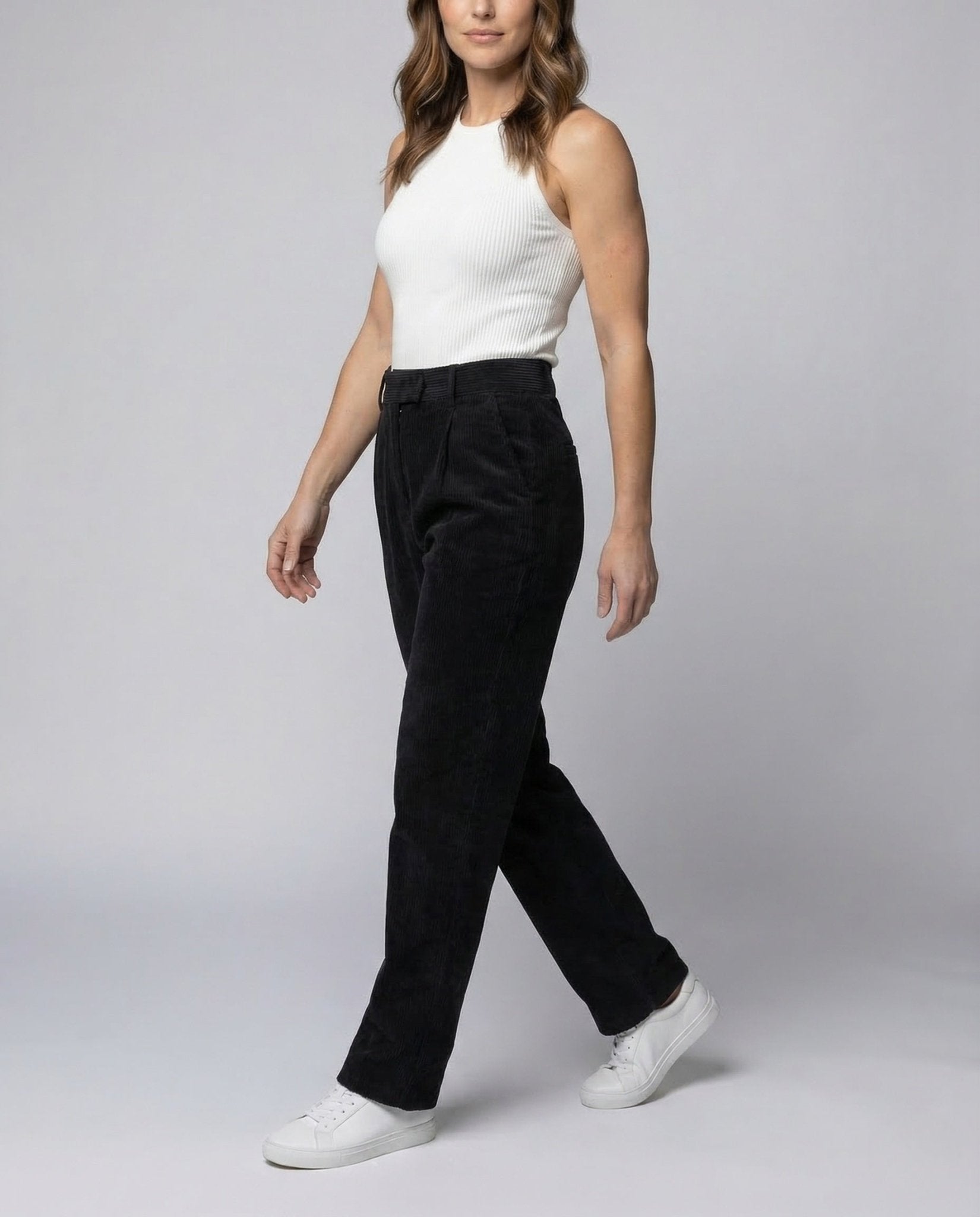 Women's Cord Trousers High Waist Pleats - Chichicherry