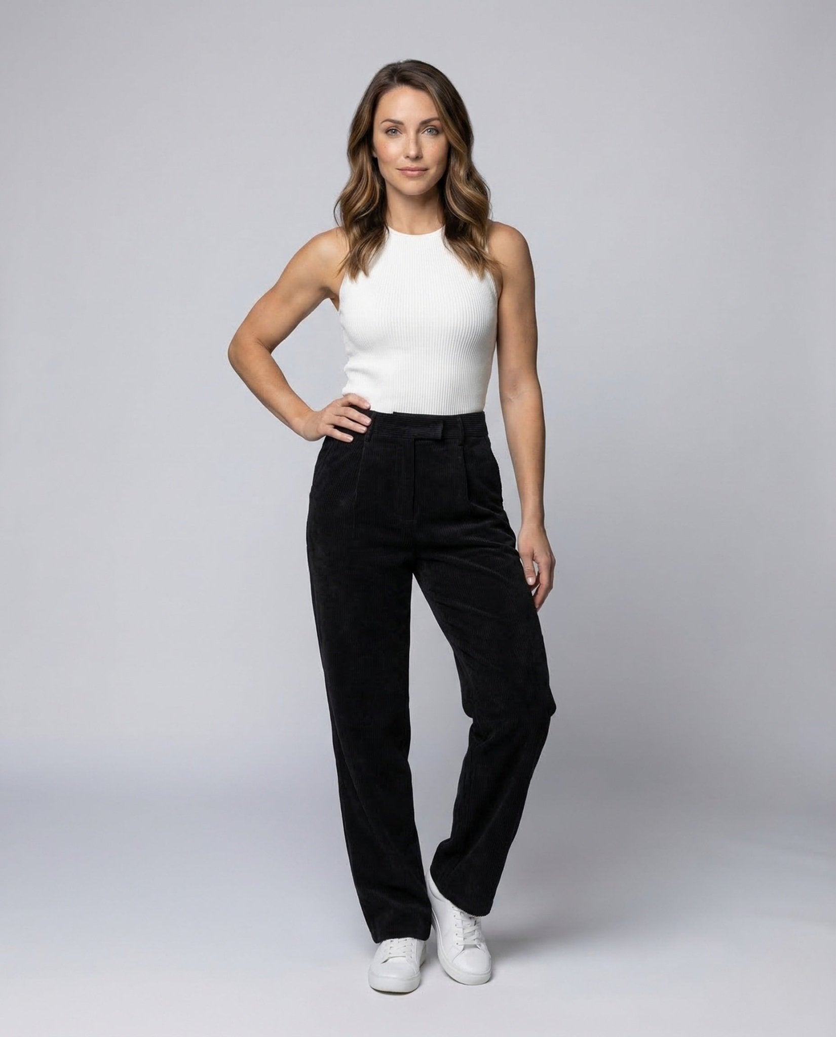 Women's Cord Trousers High Waist Pleats - Chichicherry