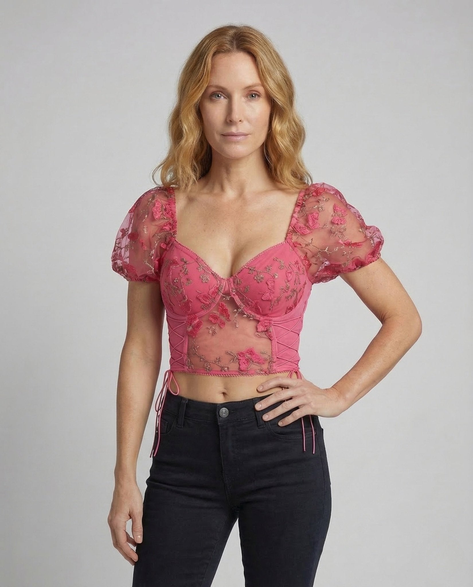 Women's Corset Crop Top Mesh Puff Sleeves - Chichicherry
